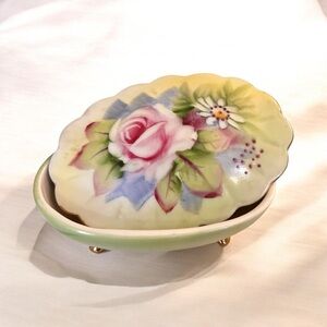 Vintage Lefton Rose Hand-painted Trinket Dish with Lid